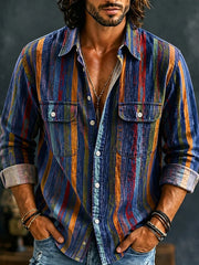 Men's Retro Colorful Stripe Print Pocket Shirt