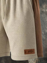 Men's Retro Waffle Color-Blocking Casual Suit (Short Sleeves + Elastic Waist Shorts)