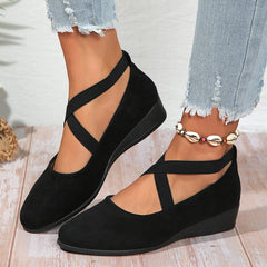 💖Black Friday Mega Deal – 50% off!💖Elegant Solid Color Elastic Strap Low Wedge Shoes