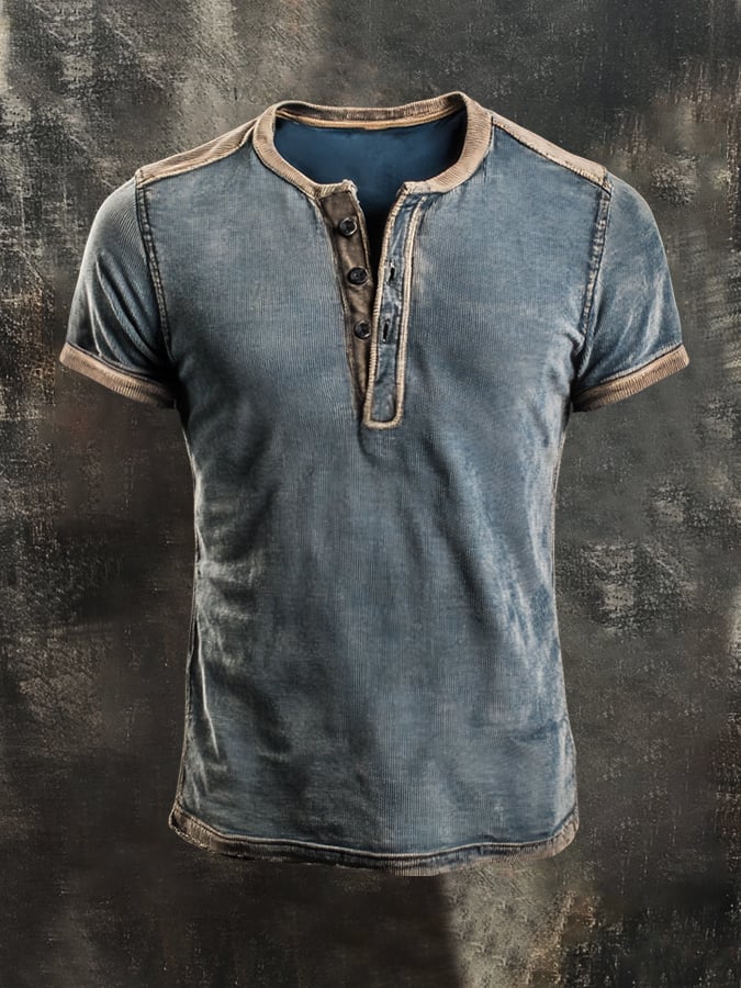 Men'S Retro Colorblock Casual Henley Short Sleeve Top