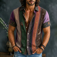Men's Vintage Patchwork Peace Sign Sun Moon Star Art Print Shirt