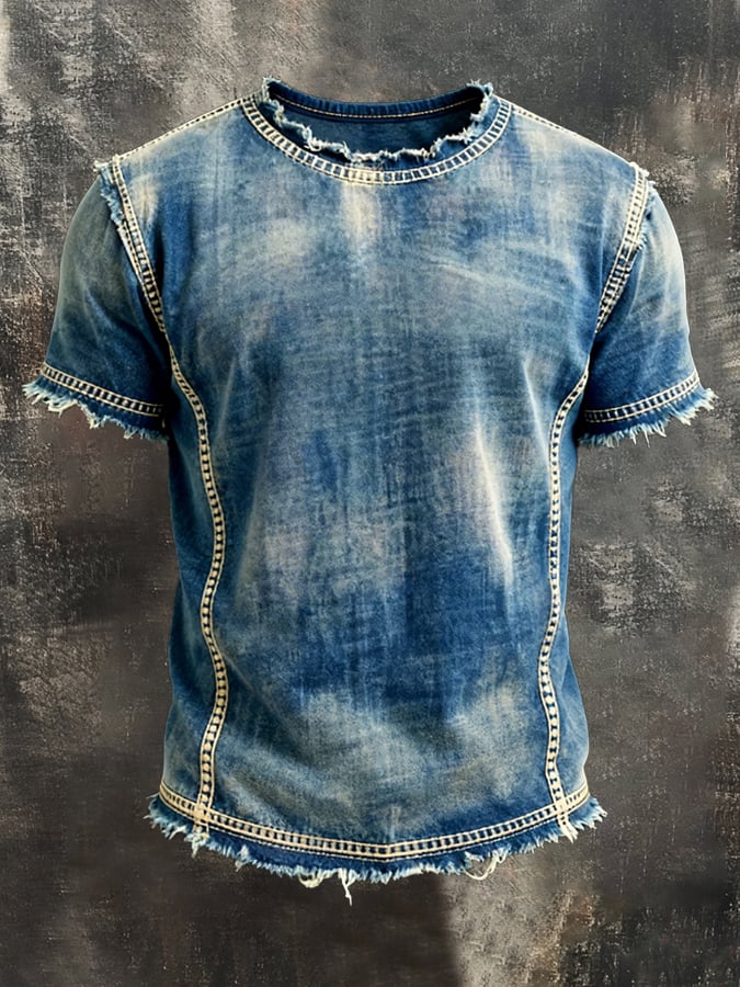 Men's Retro Distressed Soft Denim Frayed Edge Crew Neck Short-Sleeve Top