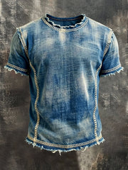 Men's Retro Distressed Soft Denim Frayed Edge Crew Neck Short-Sleeve Top