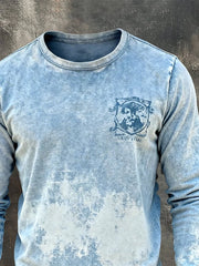 Men's Retro Washed Distressed Ripped Crew Neck Long Sleeve T-Shirt