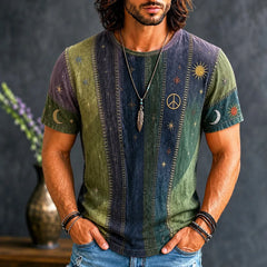 Men's Hippie Patchwork Sun Moon Star Boho Art Print T-shirt