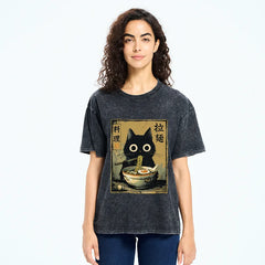 Tokyo-Tiger Cute Black Cat Eating Ramen Japan Washed T-Shirt