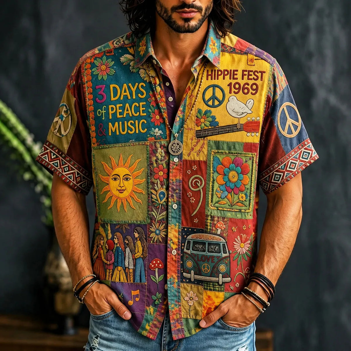 Men's Hippie Day Contrast Patchwork Shirt