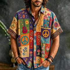 Men's Peace Sign And Guitar Hippie Patchwork Print Casual Shirt