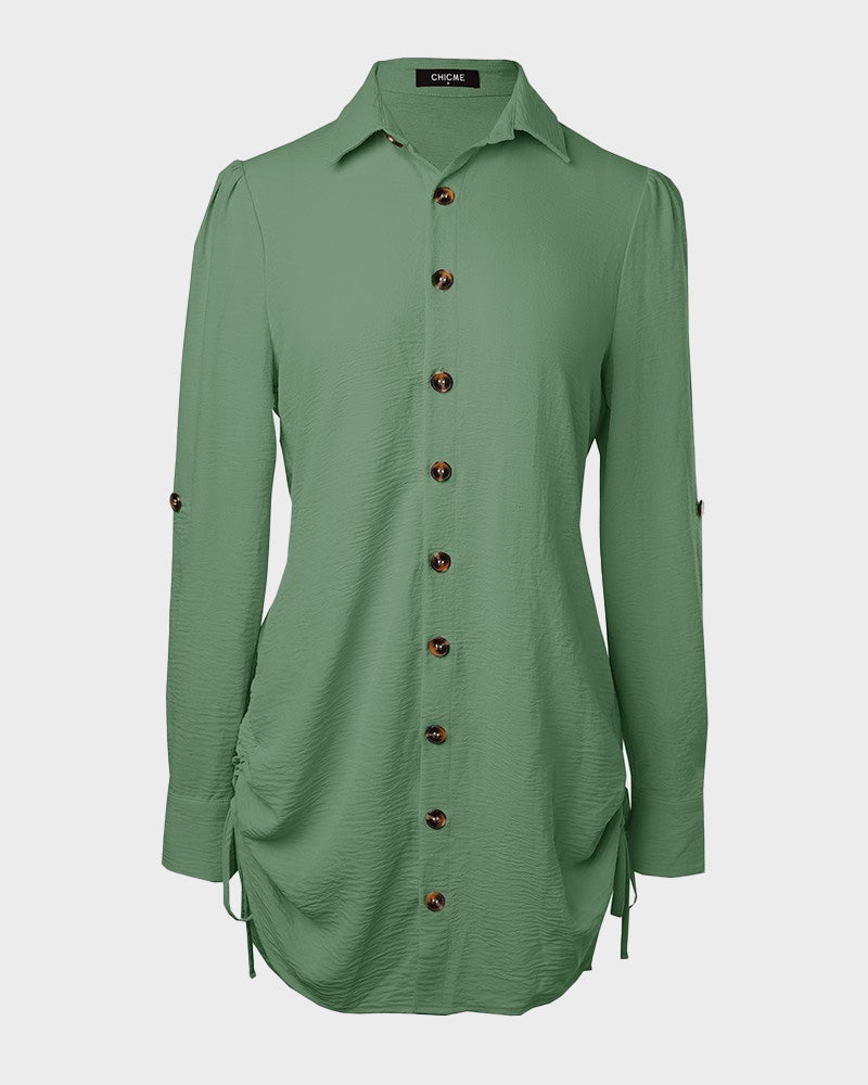 Long Sleeve Button Down Drawstring Shirt Dress - view 19