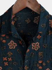 Men's Summer Floral Navy Blue Button Up Short Sleeve Cotton Shirt