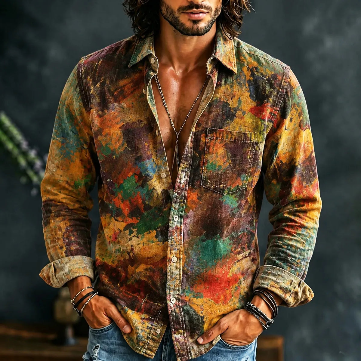 Men's Vintage Oil Painting Style Print Linen Blend Pocket Shirt