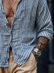 Men'S Retro Striped Cotton Linen Stand Collar Long-Sleeve Shirt