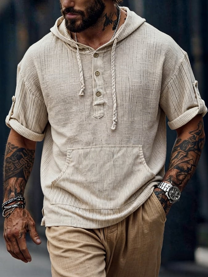 Men's Retro Striped Cotton Linen Hooded Button-Up Short-Sleeve T-Shirt