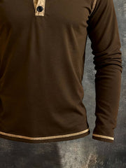 Men's Retro Stitching Contrast Color Henley Collar Long Sleeve T-Shirt