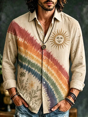 Men's Long Sleeve Button-down Shirt - Beige Casual Top With Diagonal Rainbow Stripe, Smiling Sun, Moon And Floral Print