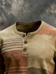 Men's Retro Stitching Contrast Color Henley Collar Long Sleeve T-Shirt