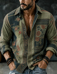 Men's Vintage Floral Patchwork Embroidered Art Print Flowy Linen Blend Casual Long Sleeve Shirt