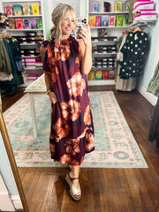 Blooming Boldly Sleeveless Midi Dress - Burgundy