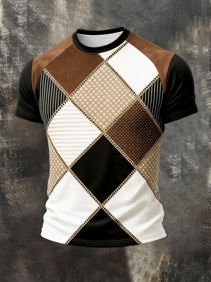 Men's Retro Color Block Casual Crew Neck Short-Sleeve Top