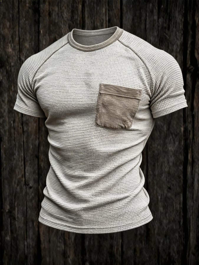 Men's Retro Distressed Color Block Waffle Knit Crew Neck Short Sleeve Top
