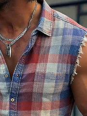 Men's Vintage Cotton-Linen Frayed Plaid Sleeveless Shirt