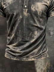 Men's Retro Pure Cotton Washed Color Block Casual Henley Collar Short-Sleeve Top