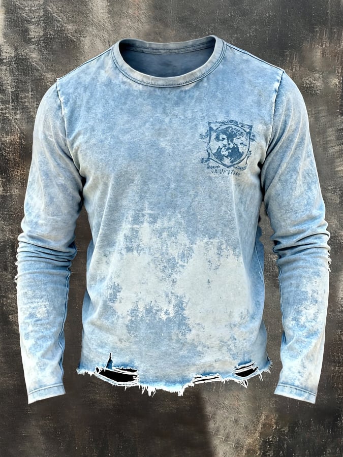 Men's Retro Washed Distressed Ripped Crew Neck Long Sleeve T-Shirt