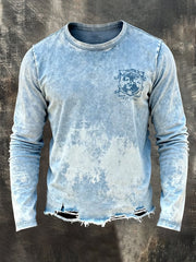 Men's Retro Washed Distressed Ripped Crew Neck Long Sleeve T-Shirt