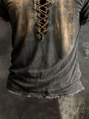 Men'S Cotton And Linen Distressed Frayed Short-Sleeved T-Shirt