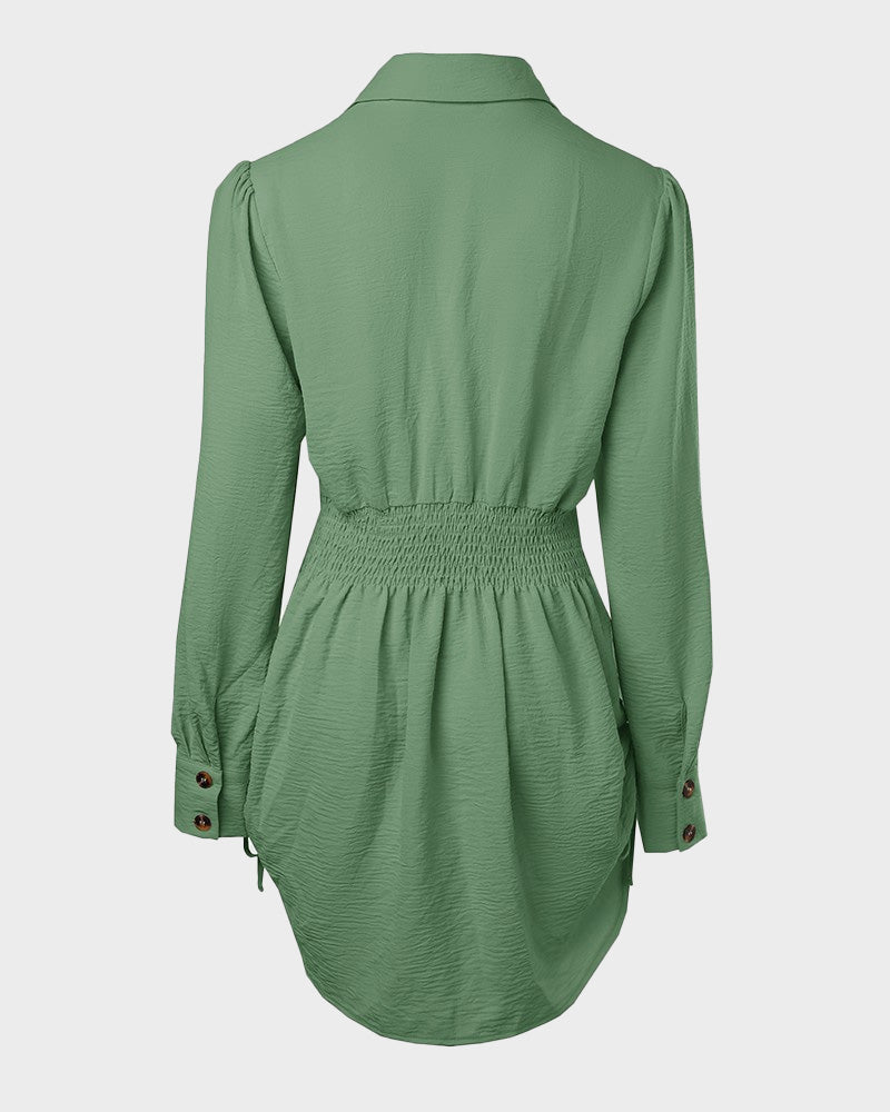 Long Sleeve Button Down Drawstring Shirt Dress - view 20