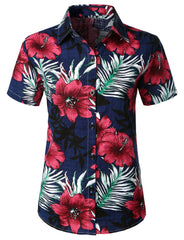 Women's Floral Print Blouse Flower Hawaiian Cotton Short Sleeve Beach Summer Aloha Shirt