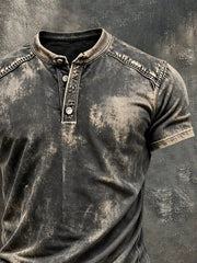 Men's Retro Pure Cotton Washed Color Block Casual Henley Collar Short-Sleeve Top