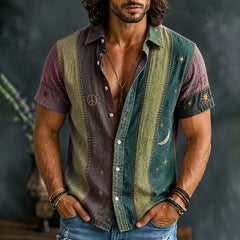 Men's Vintage Patchwork Peace Sign Sun Moon Star Art Print Shirt