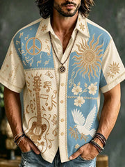 Men's Guitar Peace Sign Sun Dove Floral Hippie Boho Vacation Printed Linen Short Sleeve Shirt