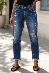 Wash Ripped Raw Hem Straight Leg Mid Rise Crop Jeans