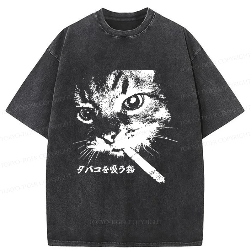 Tokyo-Tiger Retro Cat Smoking Washed T-Shirt
