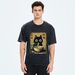 Tokyo-Tiger Cute Black Cat Eating Ramen Japan Washed T-Shirt