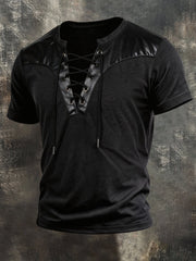 Men's Vintage Leather Patchwork Lace-Up Short-Sleeved T-Shirt