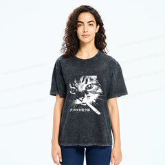 Tokyo-Tiger Retro Cat Smoking Washed T-Shirt