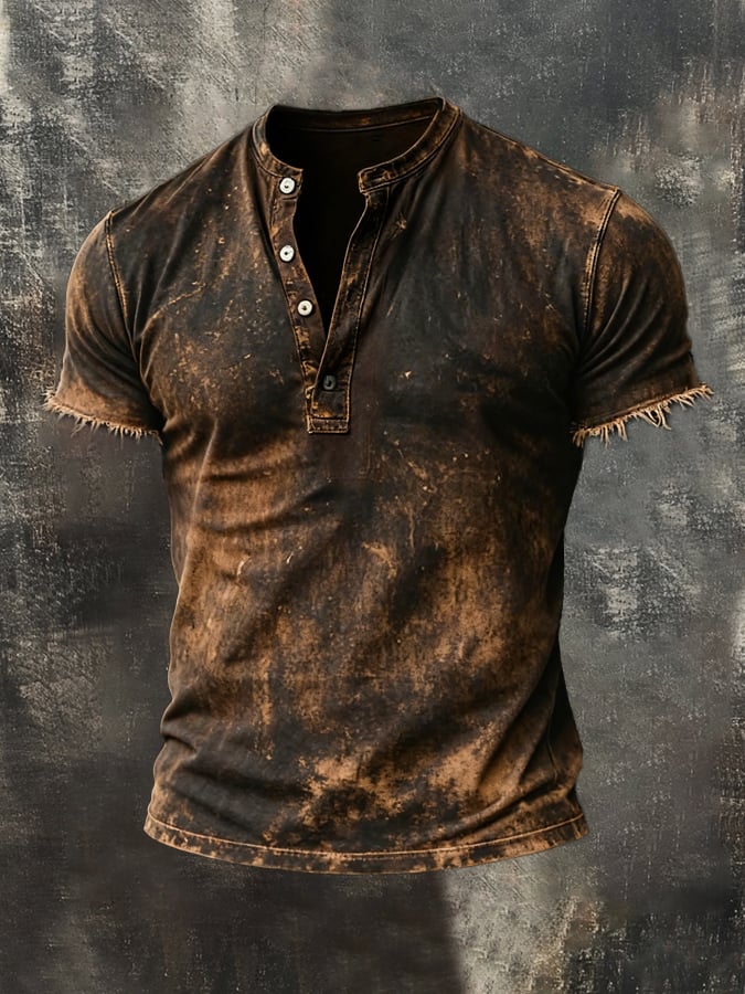 Men's Retro Pure Cotton Washed Casual Henley Collar Short-Sleeve Top