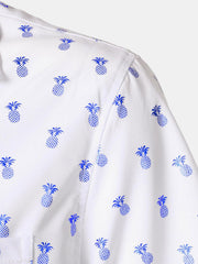 Men's Blue Pineapple Print Cuban Collar Short Sleeve Shirt