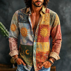 Men's Vintage Star And Moon Ethnic Style Pattern Patchwork Printed Shirt
