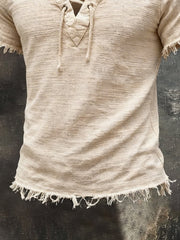Men'S Cotton And Linen Ethnic Style Short-Sleeved T-Shirt With Frayed Edges