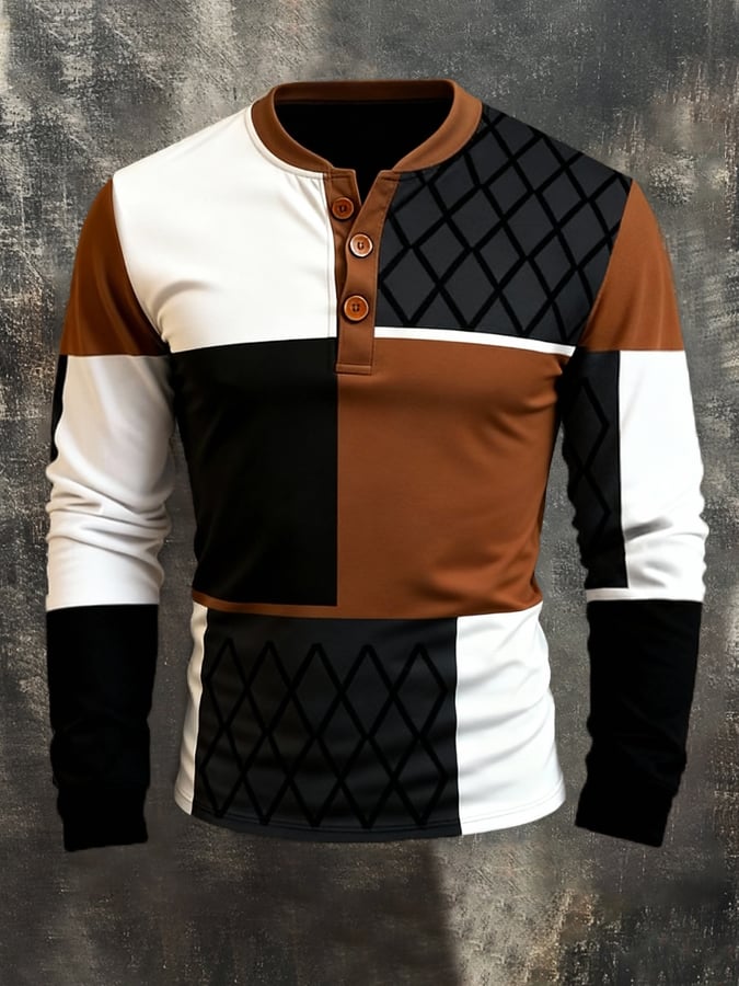 Men's Retro Stitching Contrast Color Henley Collar Long Sleeve T-Shirt