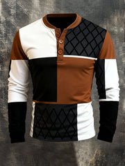 Men's Retro Stitching Contrast Color Henley Collar Long Sleeve T-Shirt
