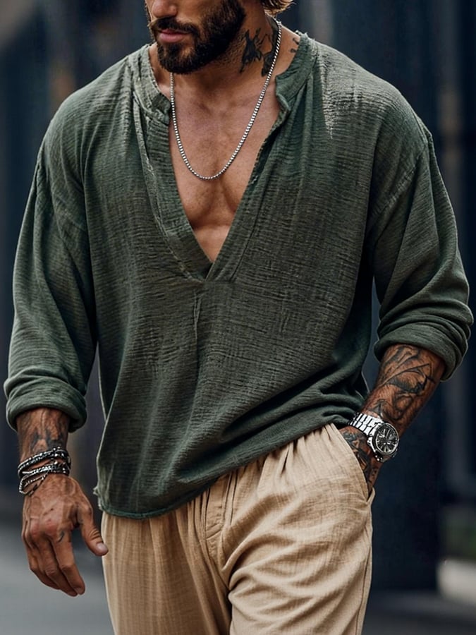 Men's Retro Cotton Linen Special V-Neck Long-Sleeve T-Shirt