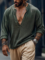 Men's Retro Cotton Linen Special V-Neck Long-Sleeve T-Shirt
