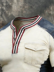 Men's Retro Print Contrast Henley Collar Short Sleeve T-Shirt
