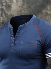 Men's Retro Contrast Henley Collar Short Sleeve T-Shirt