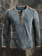 Men's Washed Color Block Casual Henry Long-Sleeve T-Shirt